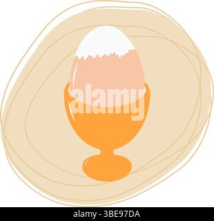 Hand drawn Partially peeled boiled egg in egg bowl on abstract Backdrop of spot and freehand lines. Isolated Vector Illustration Healthy eating or Breakfast menu cards, price rag, labels, leaflets  Stock Vector