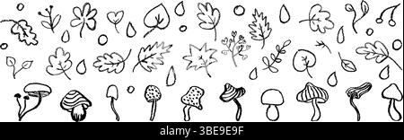 Black crayon autumn vector set with leaves, mushrooms, forest berry and raindrops on white bg for children, kindergarten crafts, back to school Stock Vector