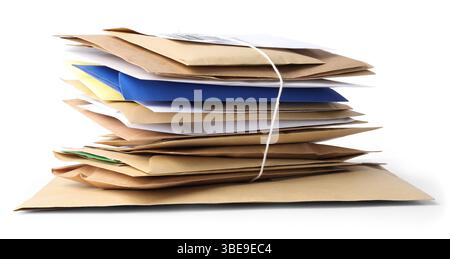 Stack of different paper envelopes isolated on white. Post office Stock Photo