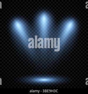 Cold blue lighting with three spotlights. Scene illumination effects on a dark transparent background. Vector illustration Stock Vector