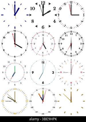 A set of different mechanical clocks with an image of each of the twelve hours. Clock face on white background. Stock Vector
