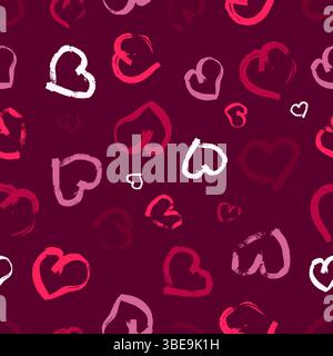 Seamless pattern with hand drawn hearts. Doodle grunge multicolor hearts on pink background. Vector illustration. Stock Vector