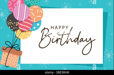 Birthday greeting text with colorful gift box and balloons festive decoration for invitation and greeting card. Stock Vector