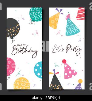 Happy birthday greeting text clip art collection with colorful balloons and party hats Stock Vector