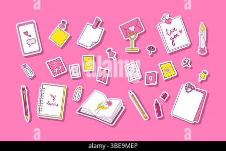 Secret love note themed diary stickers Stock Vector