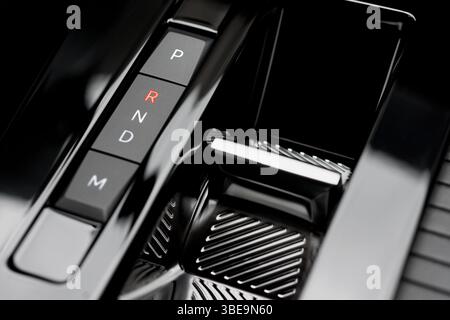 Close up of modern automatic transmission in R position (Reverse) Stock Photo