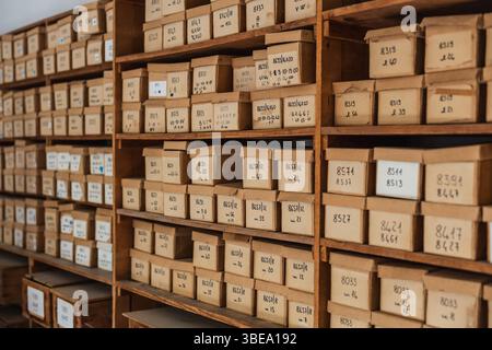 cardboard boxes, some with handwritten labels and sequential numbers, are stacked on dark wooden shelves, an old archive or warehouse Stock Photo