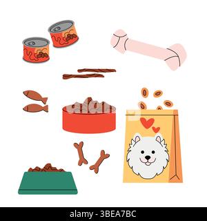 Flat style illustration of various pet food items canned food, kibble, chewy sticks, bones, and fish treats. Ideal for pet nutrition, feeding, and Stock Vector