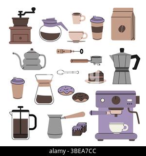 Flat illustration set of coffee making essentials grinder, espresso machine, moka pot, French press, pour over gear, cups, beans, sweets, and Stock Vector