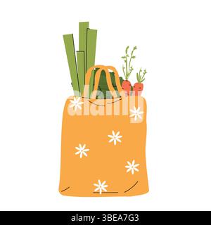 yellow reusable grocery bag with white floral pattern, filled with fresh vegetables like carrots, leeks, and lettuce. eco friendly shopping, farmers Stock Vector