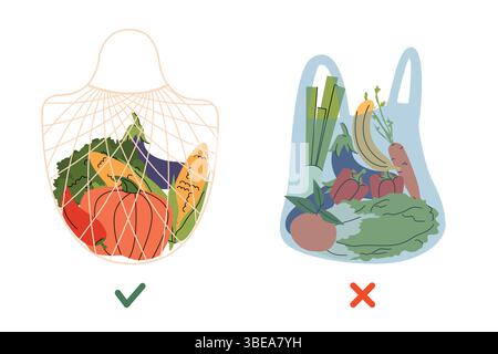eco friendly and non eco grocery bags. reusable mesh bag filled with colorful vegetables and a plastic bag with assorted produce . Perfect for Stock Vector