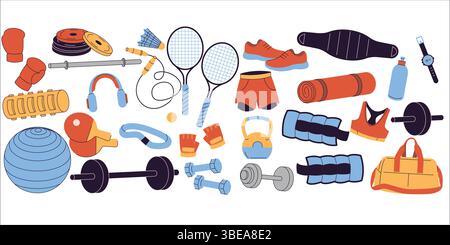 Flat lay of various colorful fitness and sports equipment including dumbbells, gloves, yoga mat, racket, jump rope, shoes, and gym bag. Perfect for Stock Vector
