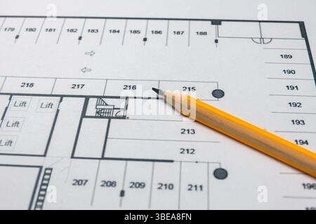 Pencil and architectural blueprint. Home improvement, design Stock Photo