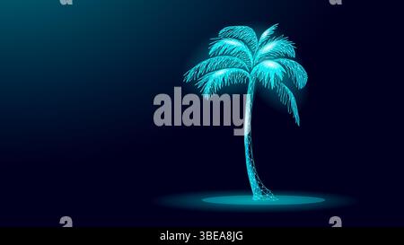 Palm tree low poly illustration. Geometric coconut tropic digital art. Travel tourism vacation design advertising. Dark blue background neon style Stock Vector