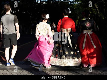 Young women wearing traditional Korean costume,Seoul,South Korea. Stock Photo