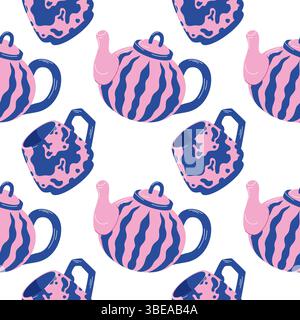 Seamless pattern of pink and blue teapot and cup with wavy stripe design on a white background in flat style. Perfect for fabric, gift wrap, kitchen Stock Vector