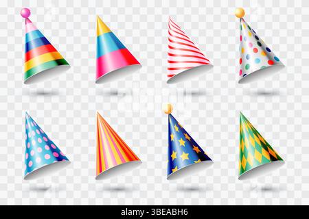 Colorful realistic 3d party cone hats set. Vector glossy design elements collection for birthday party, anniversary, holiday. Multicolored decoration, Stock Vector
