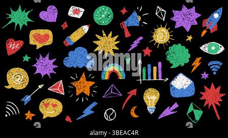 Bright crayon doodle icons and symbols. Elements such as stars, hearts and speech bubbles hand drawn with creativity and charm. Vector illustration on Stock Vector