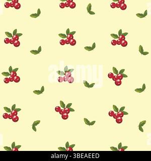 Soft-colored repeating cranberry and leaf design on beige background, great for rustic-themed packaging, textiles, or crafts. Stock Vector