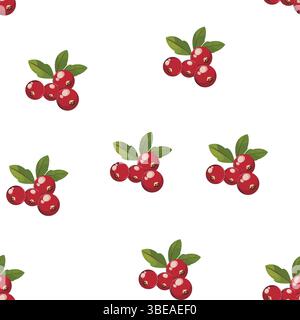 Seamless repeating cranberry clusters with leaves on white background, suitable for clean product packaging, fabrics, or decor. Stock Vector
