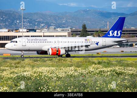 SAS Scandinavian Airlines Airbus A320 232 airliner landing at Málaga Costa del Sol Airport, registration OY-KAS. Stock Photo