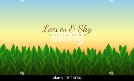 Sunset Sky Behind Lush Green Leaves. Vibrant illustration of a warm sunset sky with yellow orange gradients, framed by lush green leaves Stock Vector