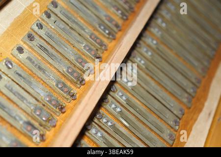 A close-up view of metal reeds from a harmonium. Each reed has a thin metal strip that vibrates to produce sound. Stock Photo