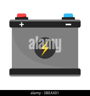 Battery Icon with Terminals and Lightning Symbol. The battery is rectangular. It features a red positive terminal and a blue negative terminal. Stock Vector
