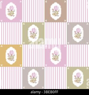 Seamless pattern with various patch style trendy folk flowers, stripes and squares. Vintage cottagecore farm ornaments background Stock Vector