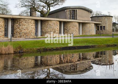 Mid-Glamorgan Crematorium, Coychurch Cemetery, Bridgend, Wales, the chapel of remembrance, an important modern building by Maxwell Fry, 1970. Stock Photo