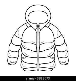 Winter Jacket With Hood Illustration. This illustration features a clean and minimalistic black and white line drawing of a winter hooded jacket. Stock Vector
