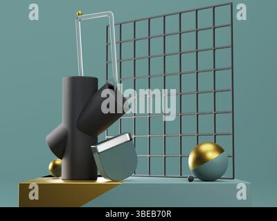 3d render stage with abstract geometric shapes in blue and gold colors. Modern unreal composition in futuristic style. High quality 3d illustration Stock Photo