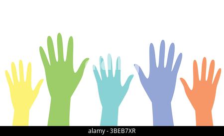 Illustration of colorful hands raised in unity, symbolizing volunteerism, teamwork, and inclusive social participation. Stock Vector