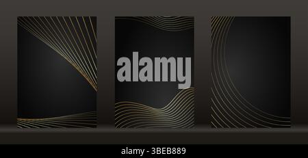 Set card collection of luxury wedding invitation. Gold elegant geometric shape and golden wavy lines on black background. Vector premium design Stock Vector