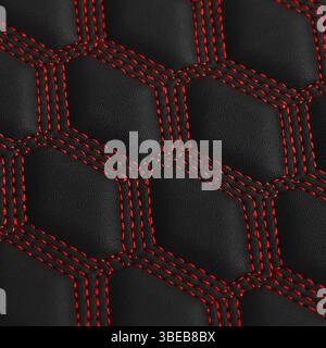 Texture of black leather background with square pattern and red stitch, macro Stock Photo