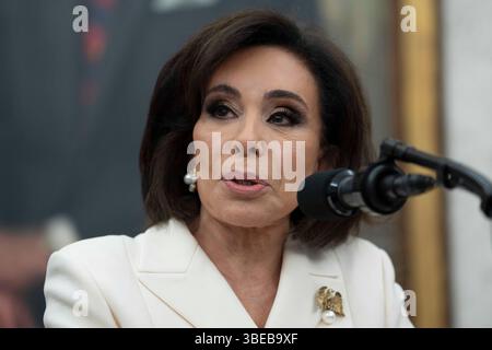 Washington, United States. 27th Apr, 2025. Jeanine Pirro speaks during the ceremony for her swearing-in as interim US Attorney for the District of Columbia, in the Oval Office of the White House in Washington, DC, US, on Wednesday, May 28, 2025.Credit: Chris Kleponis/Pool via CNP Credit: Abaca Press/Alamy Live News Stock Photo