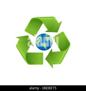 Recycling arrows symbol with Earth globe inside isolated on white background. Recycle icon, environment concept Stock Vector