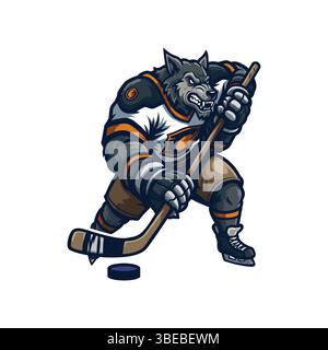 Wolf Ice Hockey Mascot Logo. Cartoon Mascot for Sport Team Stock Vector