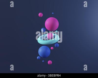 Multi colored abstract 3d render balls on dark blue background. Ai, big data, cloud technology. High quality 3d illustration Stock Photo