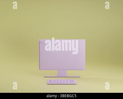 Pink pc computer with keyboard on yellow studio background. Technology concept 3d render. Modern home office workstation. Minimal style. . High qualit Stock Photo