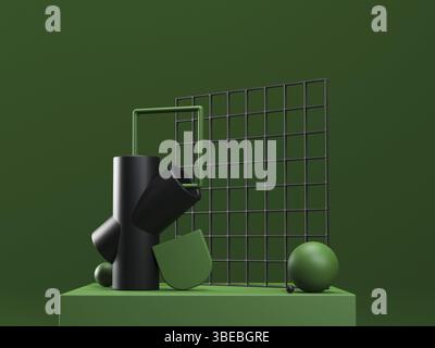 3d render stage with abstract geometric shapes in green and black colors. Modern unreal composition in futuristic style. High quality 3d illustration Stock Photo