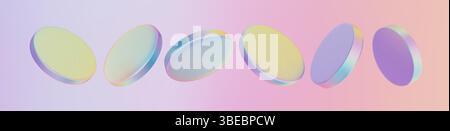 3d glass hologram coin icon, holographic badge on a podium. Neon chrome disk and crystal medal float on soft pastel gradient background. Transparent Stock Vector