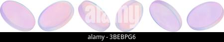3D holographic coins with glass effect floating. Chrome holographic badge and crystal disk shine in neon purple light. Soft iridescent pastel disks Stock Vector