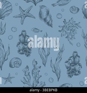 Marine underwater clip art with shells, sea sponges, corals, starfish, pebbles, seaweed, fish, bubbles. Graphic illustration hand drawn in dark blue Stock Vector