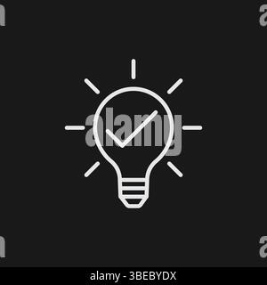 Minimalist White Outline Icon of Light Bulb with Check Mark and Rays on Black Background Representing Approved Idea, Innovation, and Creative Stock Vector