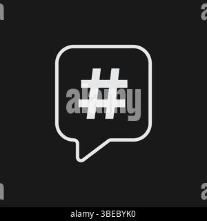 White Outline Hashtag Icon in Speech Bubble Minimalist Symbol on Black Background Representing Social Media Trends and Online Conversations Stock Vector