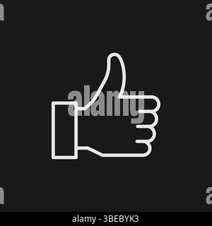 White Outline Thumbs Up Icon  Minimalist Hand Gesture on Black Background Representing Like Button and Positive Feedback Stock Vector
