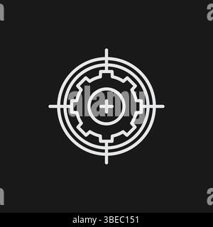 White Outline Icon of Target Sight with Gear and Plus Symbol  Minimalist Design on Black Background Stock Vector