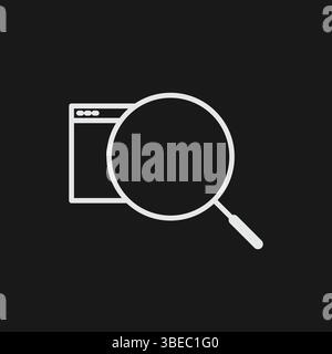 White Outline Icon Web Browser Window with Magnifying Glass on Black Background, Representing Web Search or SEO Stock Vector