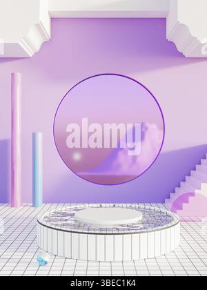 3d render of futuristic metaverse interior design of an apartment. Purple, blue and neon colors. High quality 3d illustration Stock Photo